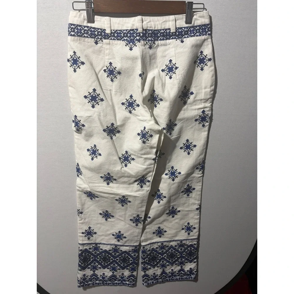 Mango White Blue Geometric Embroidered‎ Wide Leg Cropped Pants Size 4 NWT
